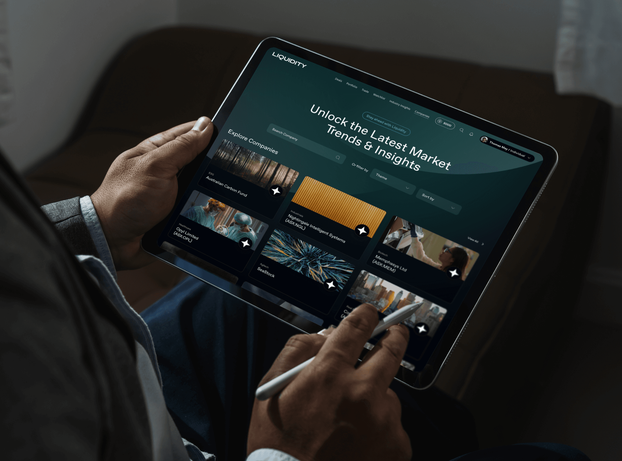 Liquidity investor mobile app screens showing invitations, interests and market trends